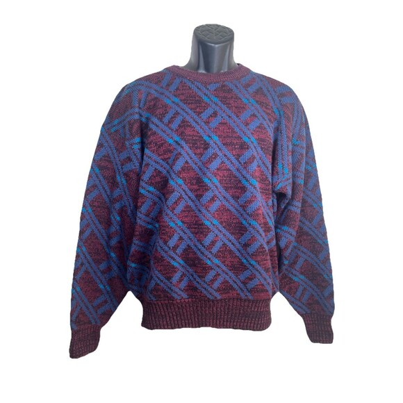 Trend Basics Vintage 90s Maroon Blue Plaid Diamond Pattern Knit Sweater Jumper - Picture 3 of 16